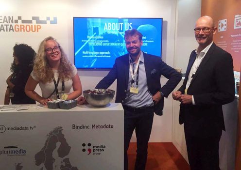 Media-press.tv crew (Sarah Cechnicka, Grzegorz Kanpczyk and Christian Toeepper ) demonstrating TV recommendation service at ibc 2017, Amsterdam.